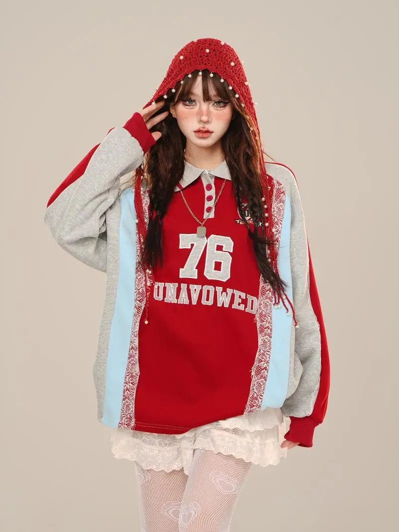 Women’s Lace Splicing Polo Sweatshirt Retro Style