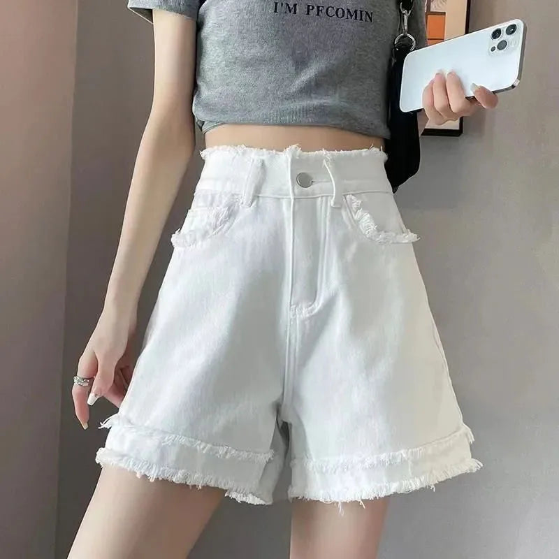2024 White High Waist Baggy Jean Shorts Women