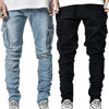Jeans Men Pants Wash Solid Color Multi Pockets Denim Mid Waist Cargo