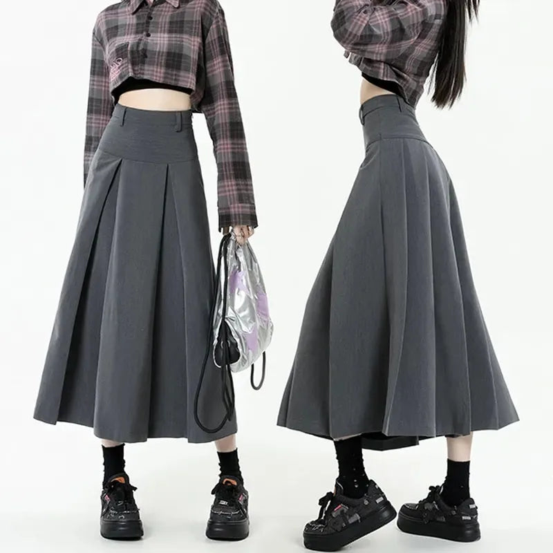 High Waist Pleated A-Line Midi Grey Skirt for Women