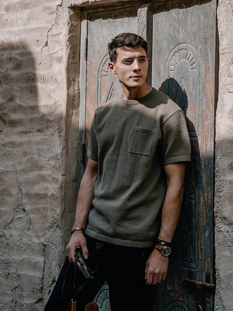 2024 Knitted Tops Men Breathable Chest Pockets T-shirts