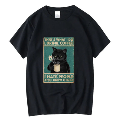 Funny Cat Drinking Coffee Printing Casual Cool Loose