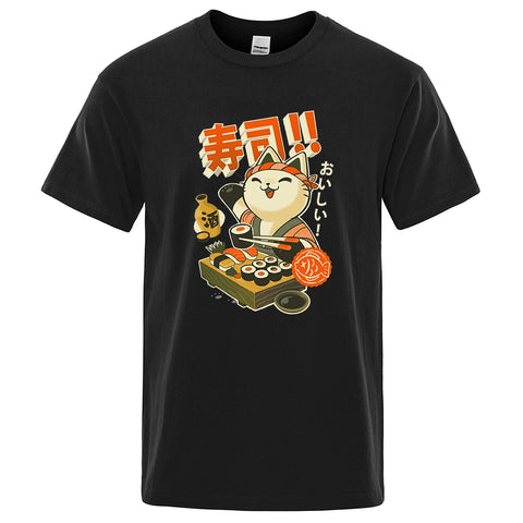 Japan Sushi Chef Cat Cartoons Men Tshirt Oversized Loose Clothes Street