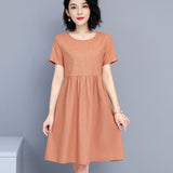 Elegant Round Neck Dresses: Loose, Solid Color with Short Sleeves for Summer