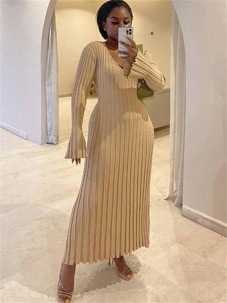 Elegance in Autumn Casual V-neck Ribbed Bodycon Dress