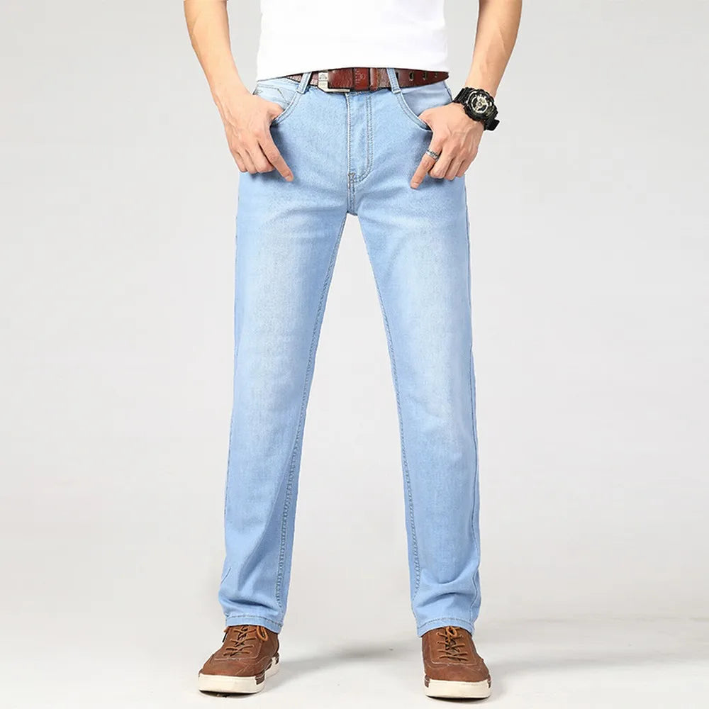 Jeans Men Light Blue Casual Straight Stretch Fashion Classic Work Denim