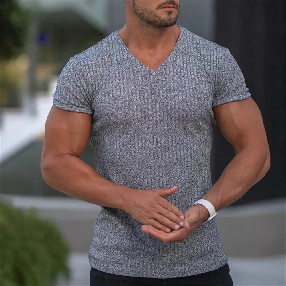 2024 V Neck Sports T-Shirt Fashion Man Short Sleeve Casual
