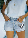 Football Plaid Heart Print Ripped Denim Shorts