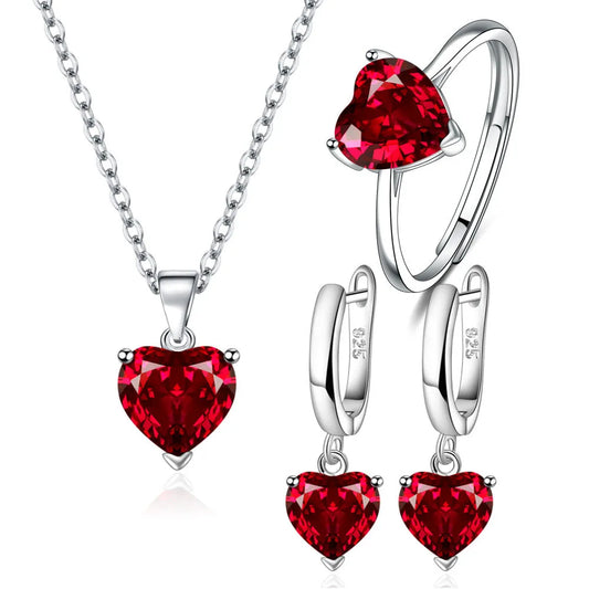 Sterling Silver Jewelry Sets For Women Heart Zircon Ring Earrings Necklace Wedding Bridal Elegant Christmas