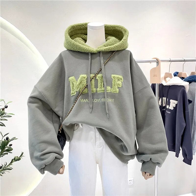 Autumn Winter Casual Loose Thick Letter Long Sleeve Hoodies