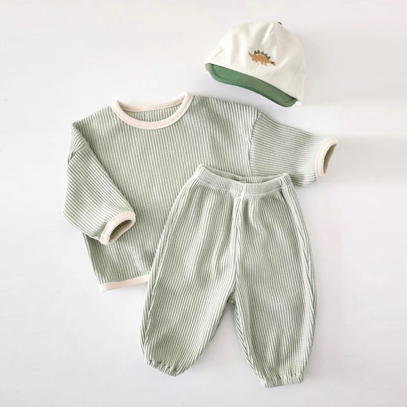 Korean Style Children Clothing Set Waffle Cotton Pullover and Pants