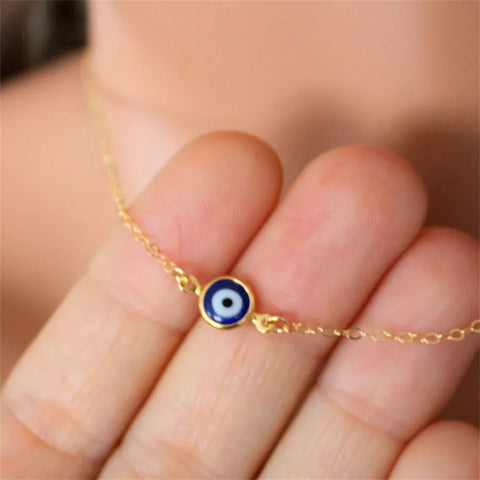 Turkish Blue Evil Eye Pendant Necklaces for Women Simple Thin Link Clavicle Chain Round