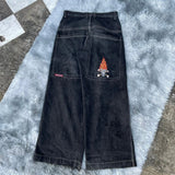JNCO Streetwear Jeans Y2K Hip Hop Cartoon Graphic Print - Vintage Black Baggy Unisex Jeans, High Waist Pants with Wide Leg Cut