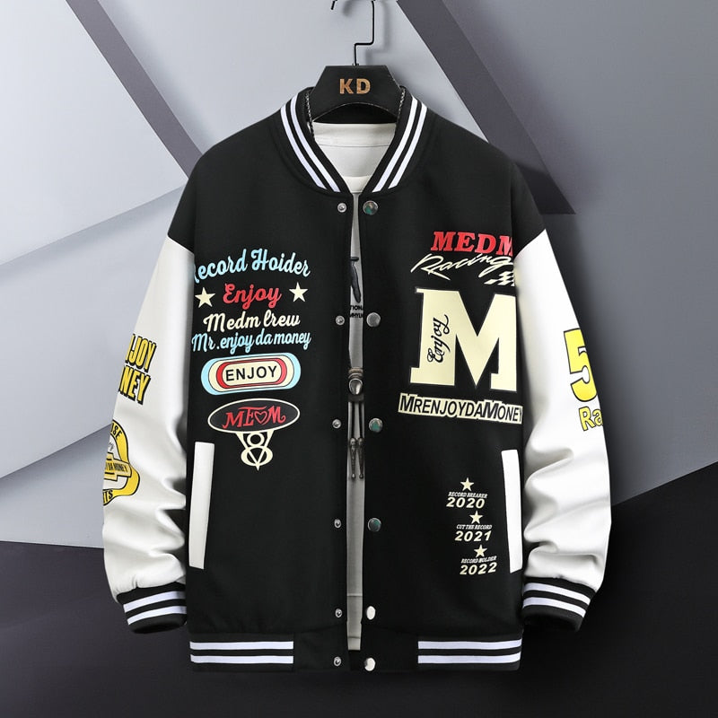 Big M Letter Print Hip Hop Patchwork Men's Bomber Jackets Spring Oversized Coats