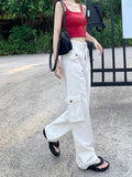 Spring and Summer Vintage Cargo Pants High Waist Pure Color Slim Jean Women