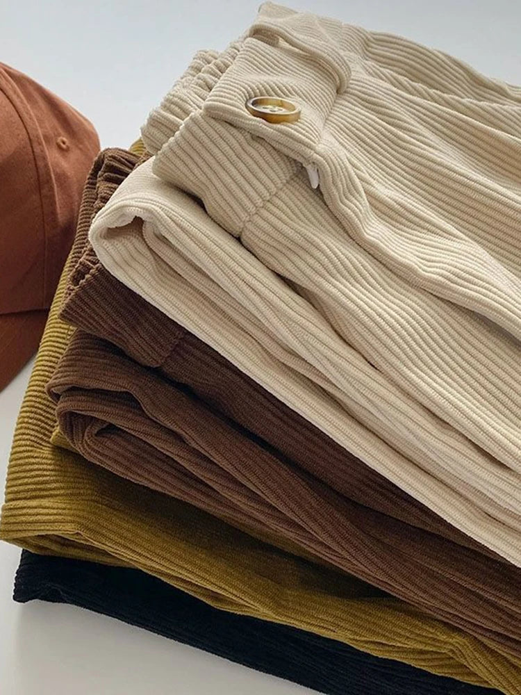 High Waist Women Retro Corduroy Pants Fall Straight Causal Full Length Trousers