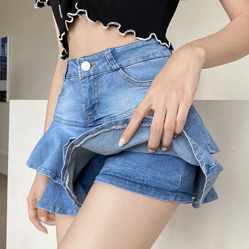 Trendy Layered Denim A-line Mini Skirt Pockets
