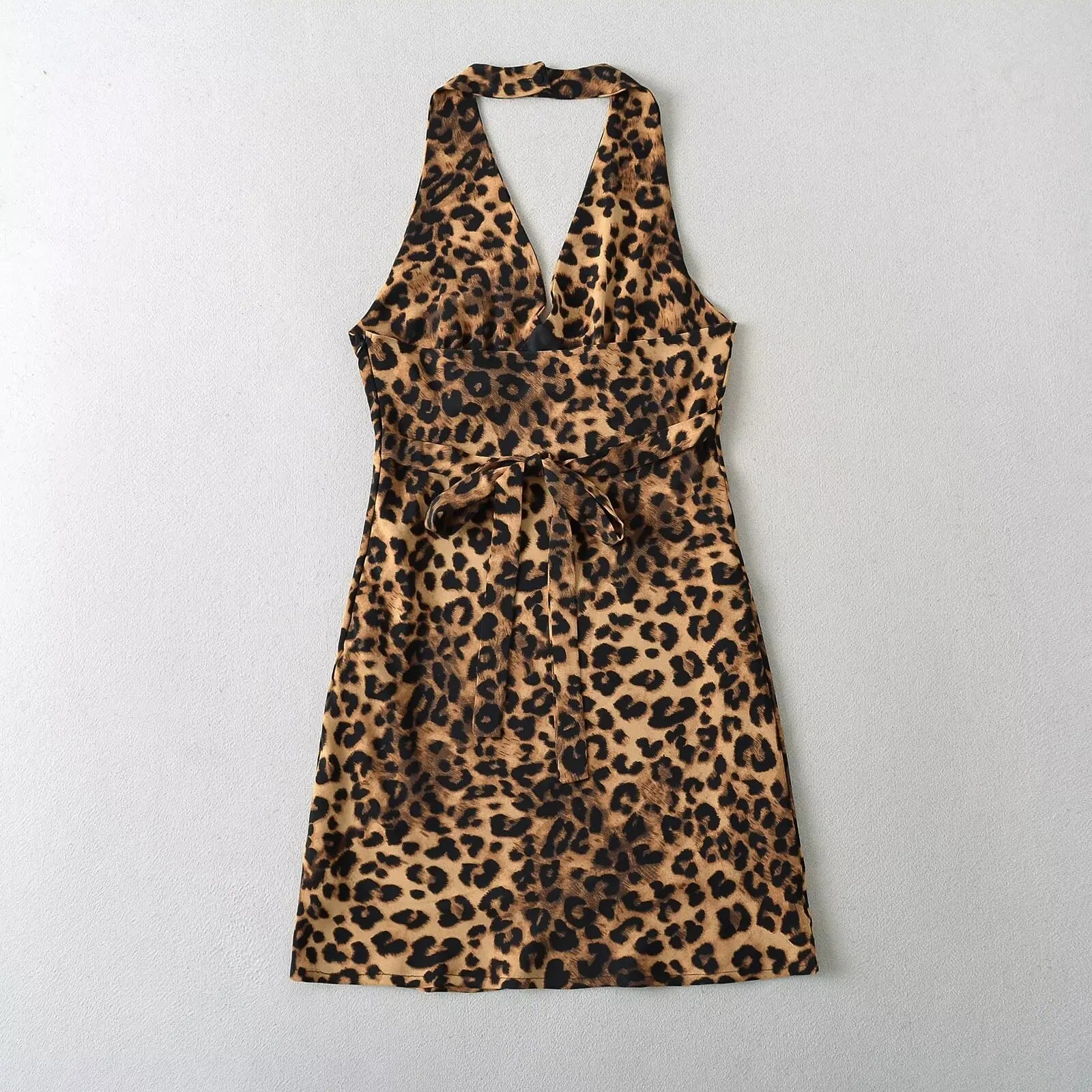 Sleeveless V-NeckHalter Leopard Print Mini Dress