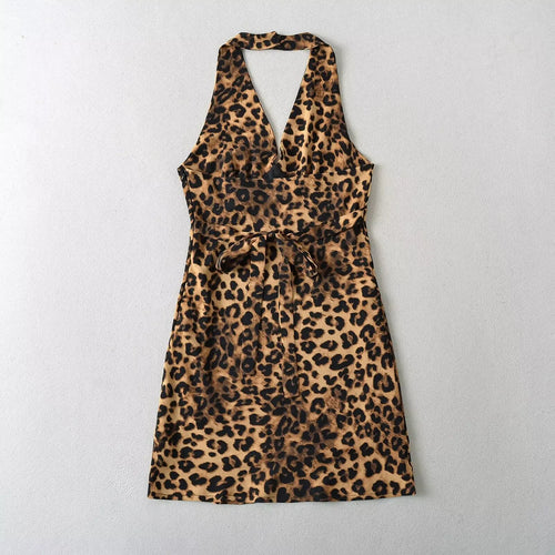 Sleeveless V-NeckHalter Leopard Print Mini Dress
