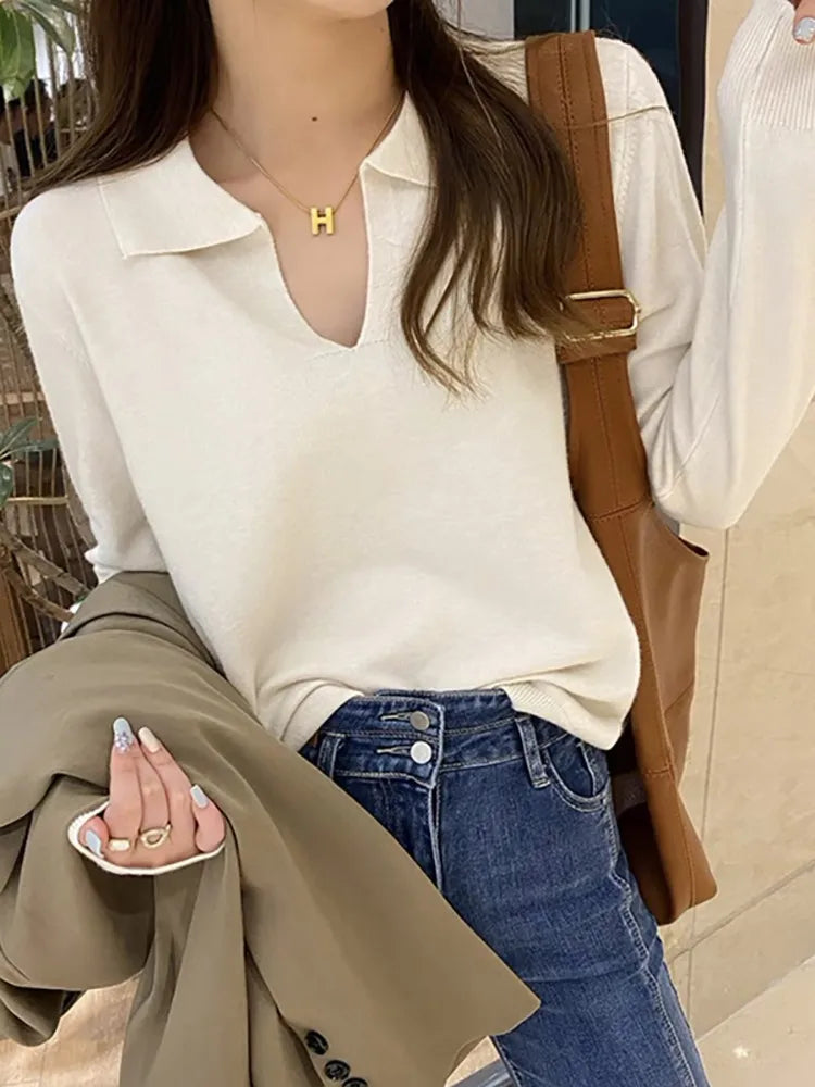 Polo Neck Sweater Pullovers Long Sleeve Tops Women Autumn Winter