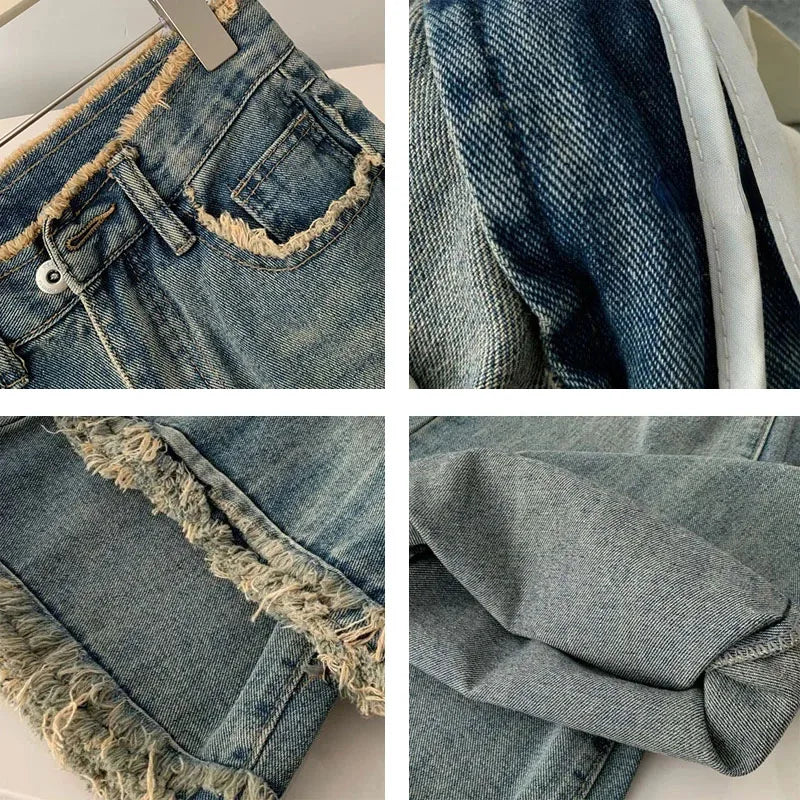 Denim Raw Edge Wide Leg Pants Vintage High Waist Baggy Jeans For Women