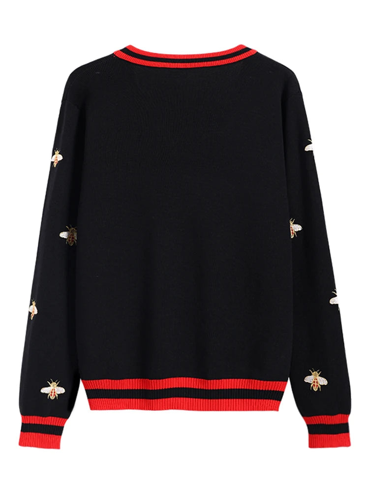 Designer Bee Embroidery Cardigan Contrast Button Knit
