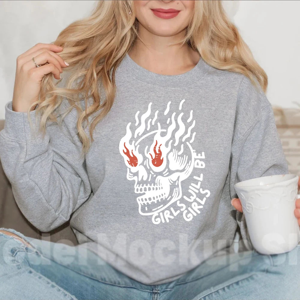 Girls Will Be Girls Womens Clothing Skull Vintage Graphic Hoodie