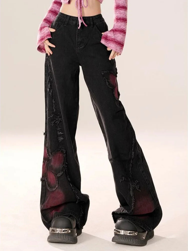 Gothic Goth Butterfly Y2k Jeans Women Retro Vintage