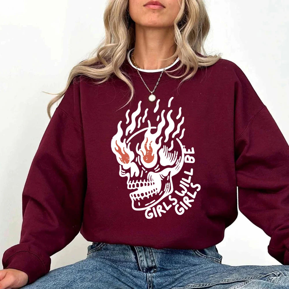 Girls Will Be Girls Womens Clothing Skull Vintage Graphic Hoodie