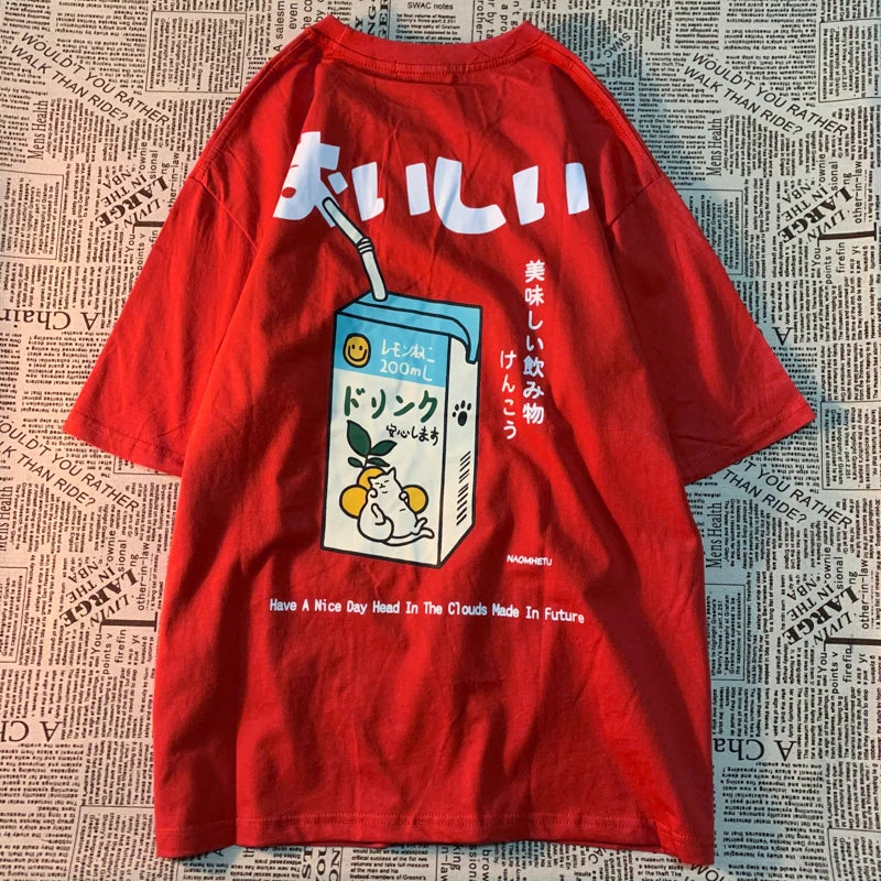 Cute Japanese Cat Print Oversized T-shirt Women Short Sleeve Harajuku Clothing