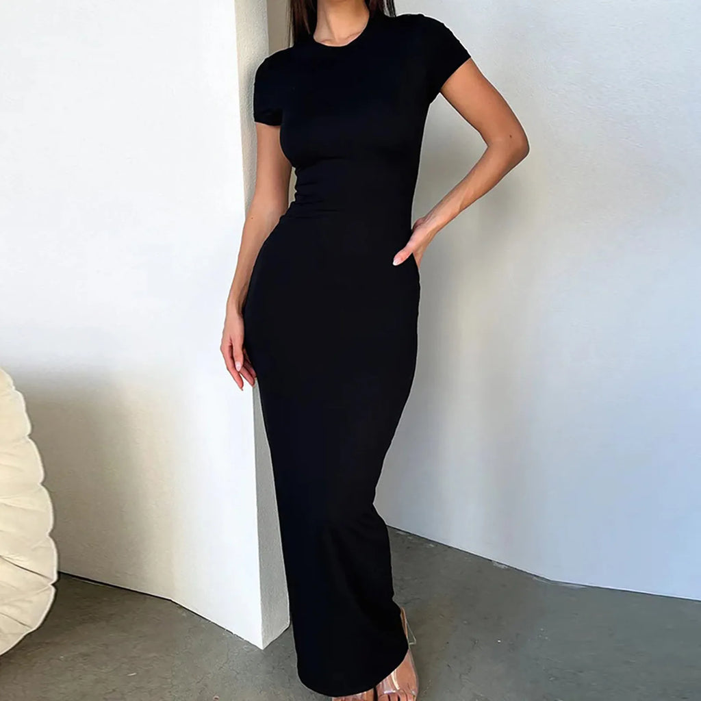 Solid Black Bodycon Maxi Dress for Women
