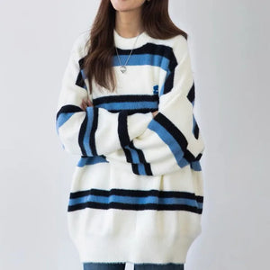 White Blue Stripe Loose Pullover Women Autumn Winter