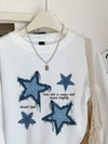 Street Women Sweatshirts Imitation Denim Prints Star Graphic Pullover