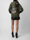 Army Green Flowers Skull Wings Pocket Fleece Pullover Sweatshirt