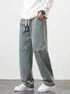 2024 Retro Blue Men's Jeans Large Size String Banding Wide Leg