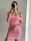 Elegant Pink Off Shoulder Mesh Dress Halter Boning Bodycon