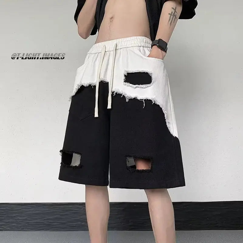 Men's New Loose Casual Straight Five-point Design Spliced burr Ripped Shorts