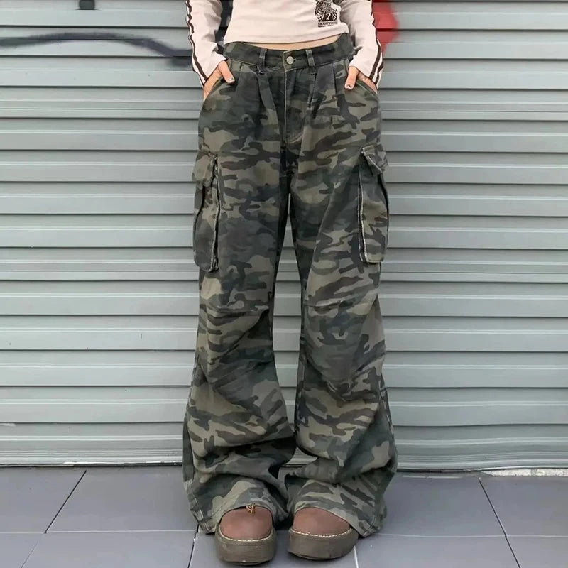 Women Y2K Camouflage Cargo Jeans Vintage High Waist Hip Hop