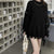 Vintage Korean Fashion: Oversize Black Ripped Sweater for Women