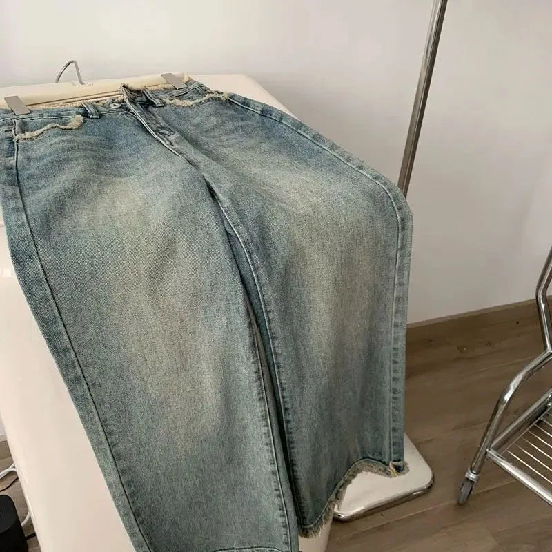 Denim Raw Edge Wide Leg Pants Vintage High Waist Baggy Jeans For Women