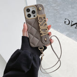 Luxury Rhomb Leather Custom Name Metal Letters Lanyard Phone Case  For iPhone