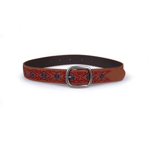 Vintage Ethnic Embroidered PU Belt Floral Distressed Design