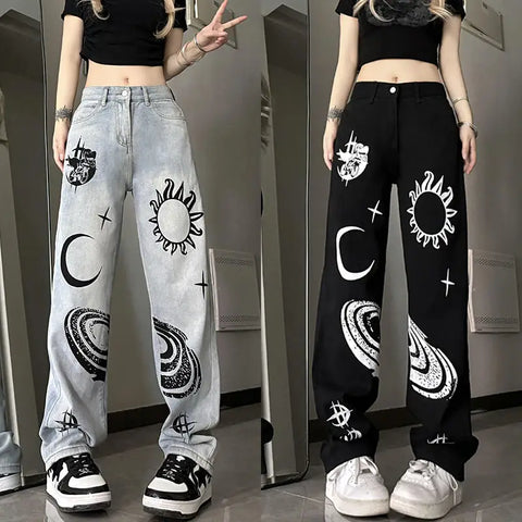 Y2K Sun and Star Printed Jeans - Trendy High Waist Wide Leg