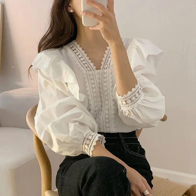 V-neck Ruffles Puff Sleeve Women Blouse L