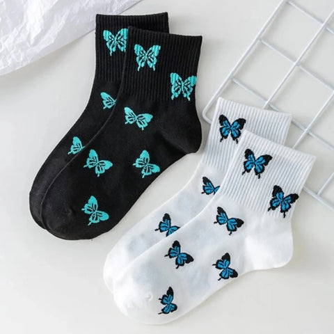 2 Pair Women Ankle Socks Cartoon Butterfly Print