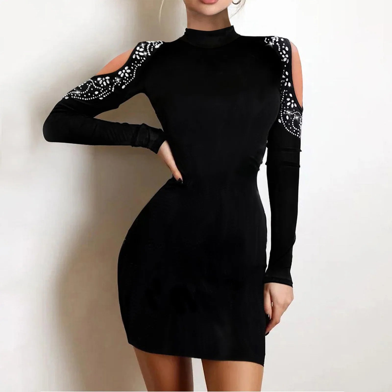 Rhinestone Cold Shoulder Bodycon Party Dress for Women