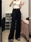 Spring and Summer Vintage Black Denim Jeans Wide Leg Straight  Casual
