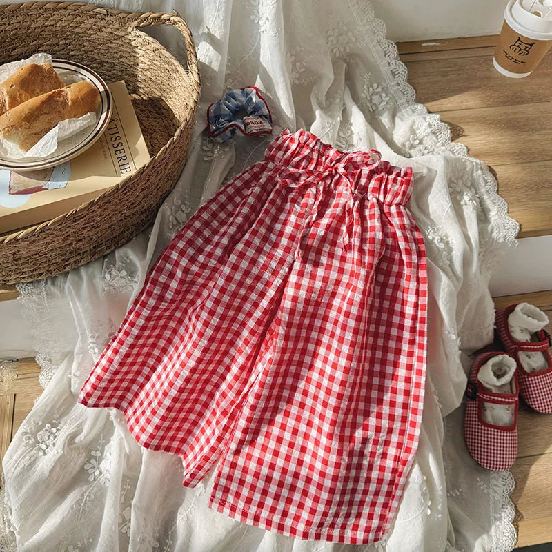 Kids Pants Plaid Printed Wide-leg Pants Flower Waist Summer Culottes Girls