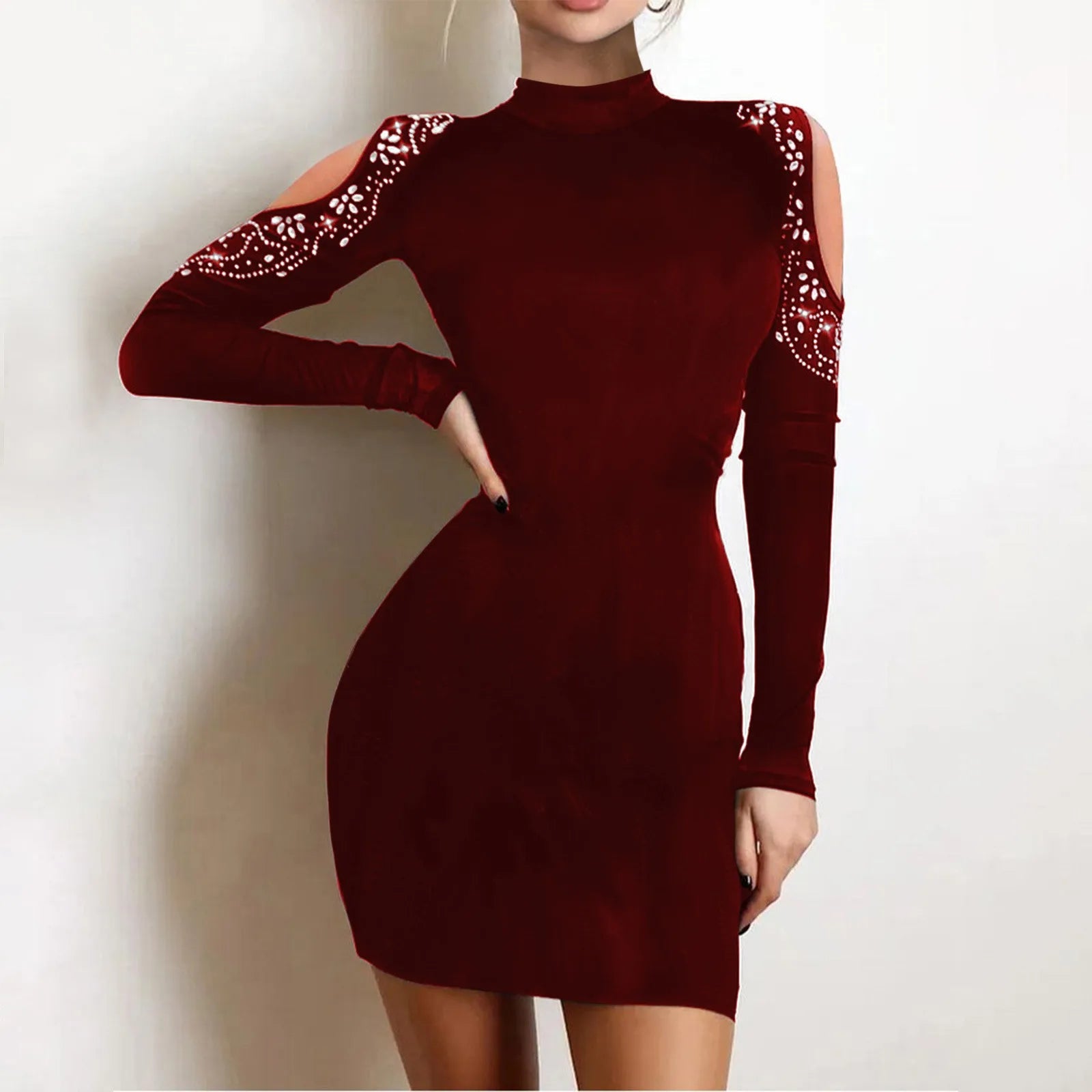 Rhinestone Cold Shoulder Bodycon Party Dress for Women