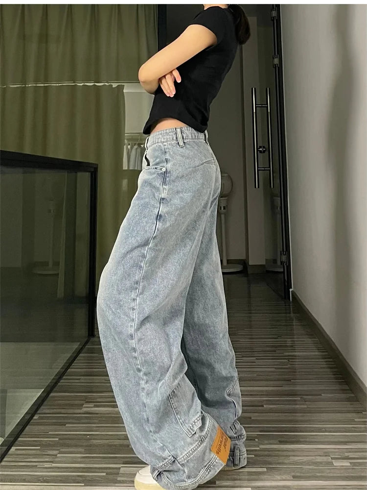 Fashion American Retro Baggy High Waisted Jeans Women High Street Denim Pants